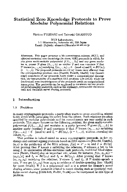 (PDF) Statistical zero knowledge protocols to prove modular polynomial ...