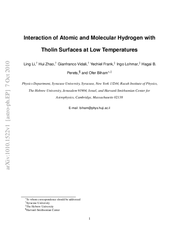 (PDF) Interaction of Atomic and Molecular Hydrogen with Tholin Surfaces ...