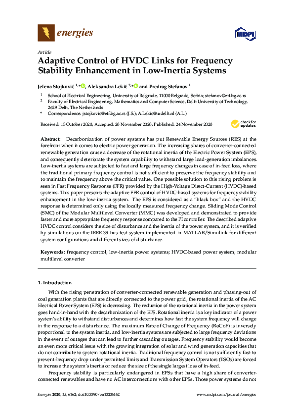 (PDF) Adaptive Control of HVDC Links for Frequency Stability ...