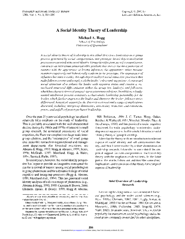 (PDF) A Social Identity Theory of Leadership