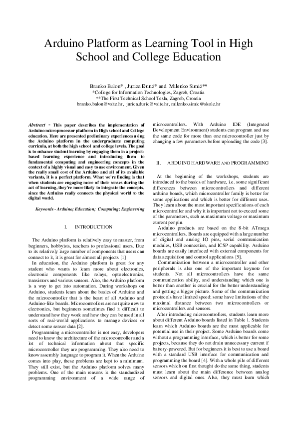 (PDF) Arduino Platform as Learning Tool in High School and College ...