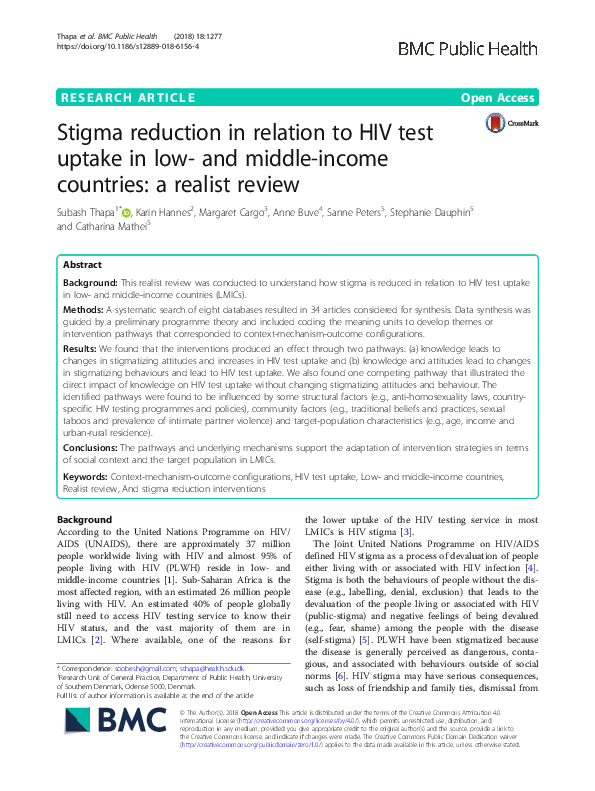 (PDF) Stigma reduction in relation to HIV test uptake in low- and ...