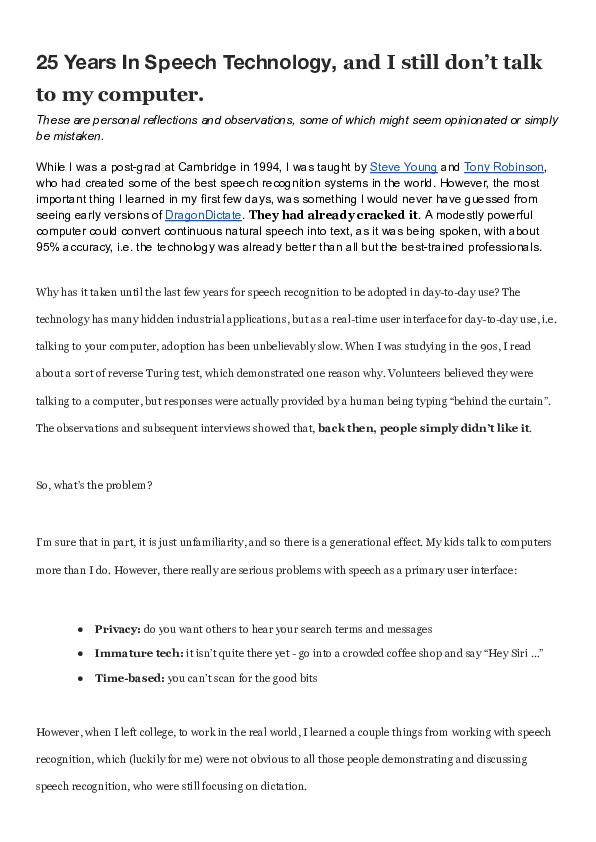 (PDF) Years In Speech Technology, and I still don’t talk to my computer