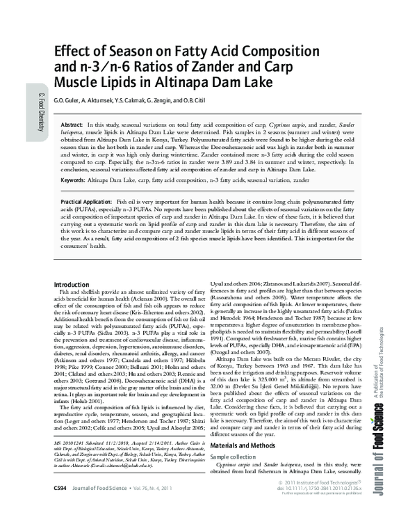 Effect of Season on Fatty Acid Composition and n-3/n-6 Ratios of Zander and Carp Muscle Lipids in Altinapa Dam Lake