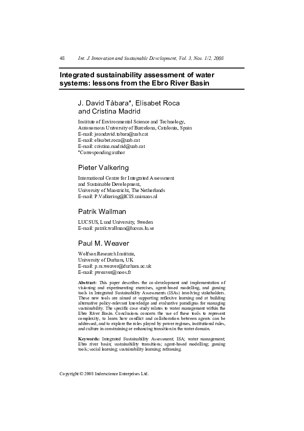 (PDF) Integrated sustainability assessment of water systems: lessons ...