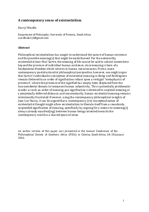 (PDF) A contemporary sense of existentialism