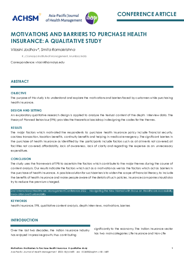 (PDF) Motivations And Barriers to Purchase Health Insurance: A ...