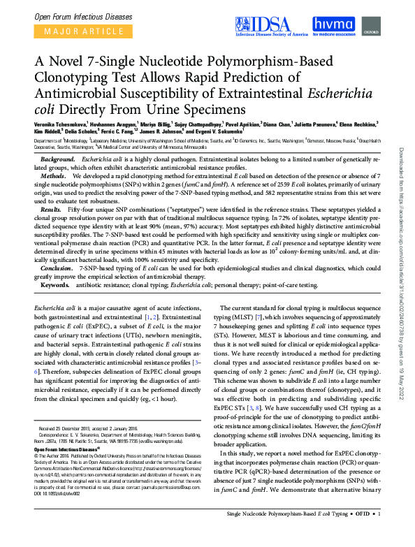 (PDF) A Novel 7-Single Nucleotide Polymorphism-Based Clonotyping Test ...