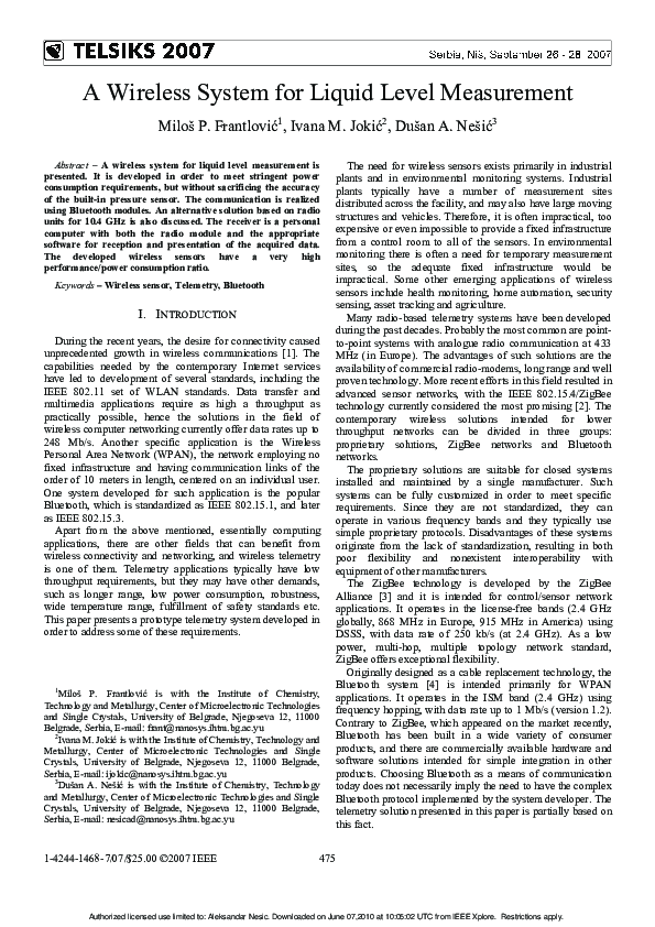 (PDF) A Wireless System for Liquid Level Measurement