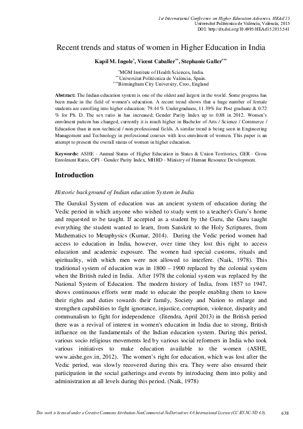 (PDF) Recent trends and status of women in Higher Education in India