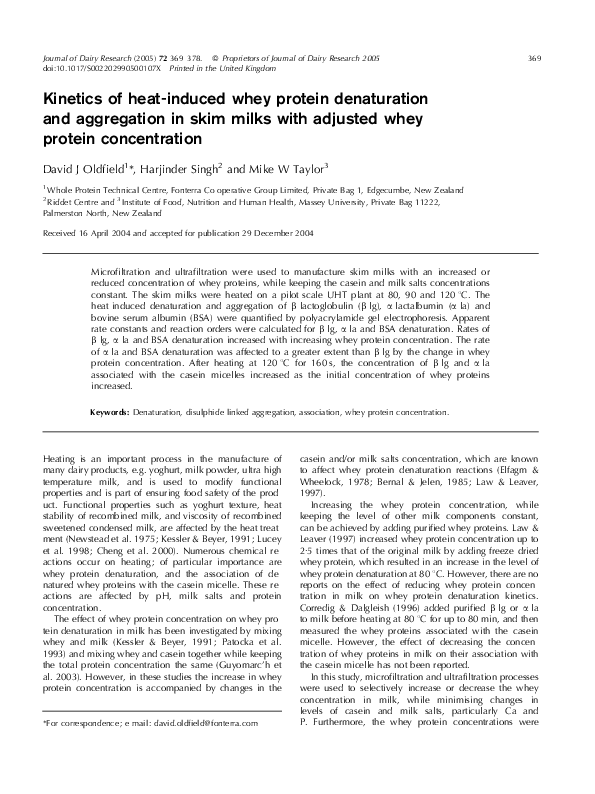 (PDF) of heatinduced whey protein denaturation and