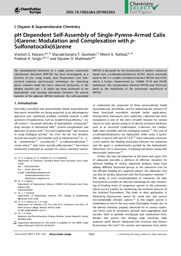 (PDF) pH Dependent Self‐Assembly of Single‐Pyrene‐Armed Calix[4]arene ...