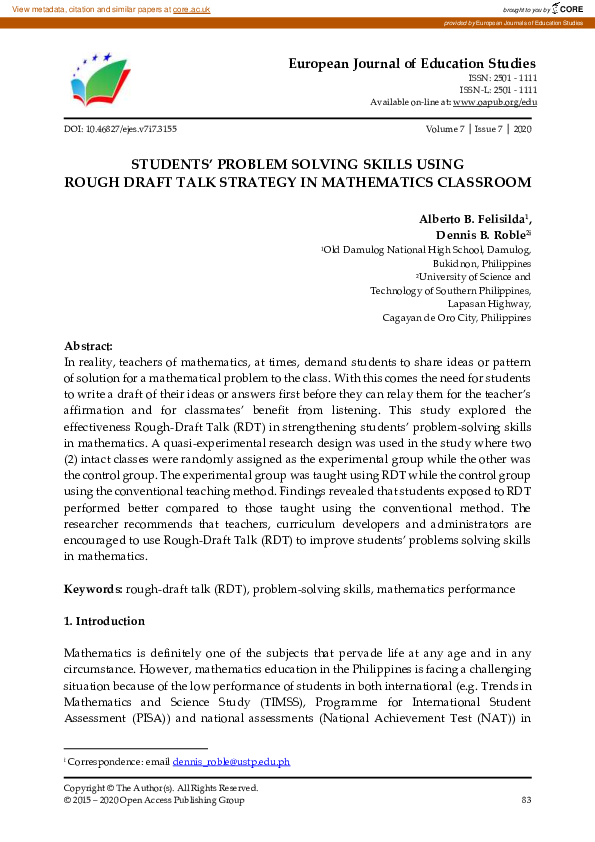 (PDF) Students’ Problem Solving Skills Using Rough Draft Talk Strategy ...