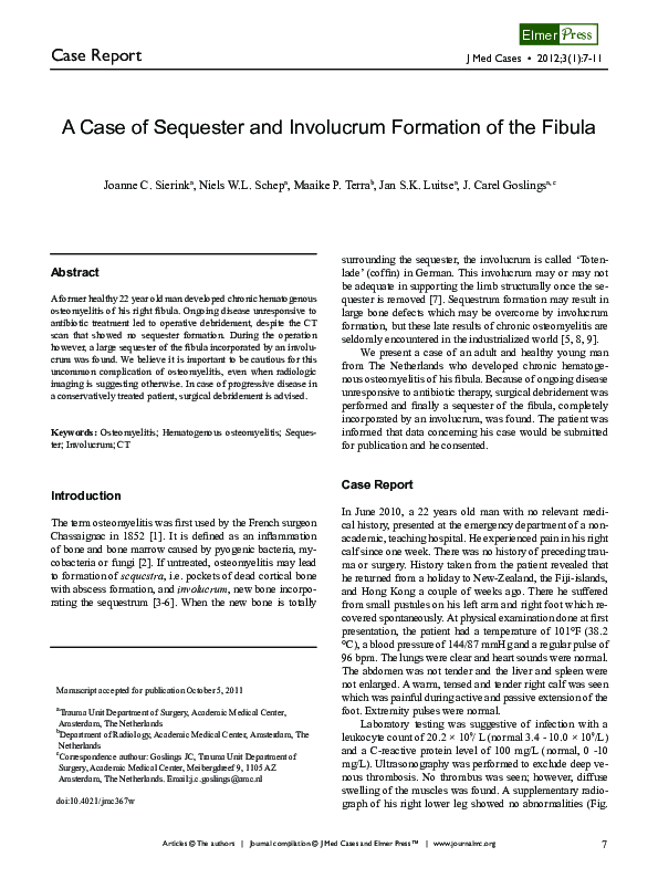 (PDF) A Case of Sequester and Involucrum Formation of the Fibula