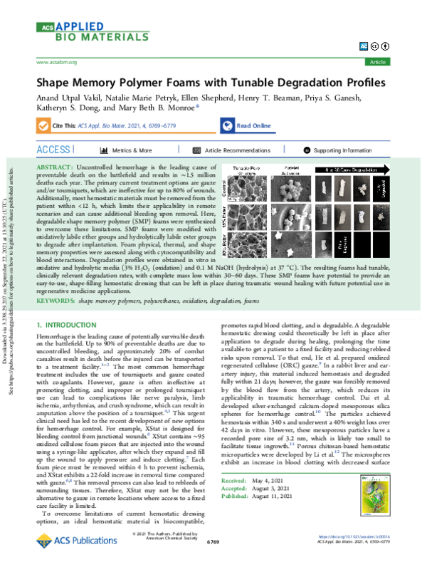 (PDF) Shape Memory Polymer Foams with Tunable Degradation Profiles