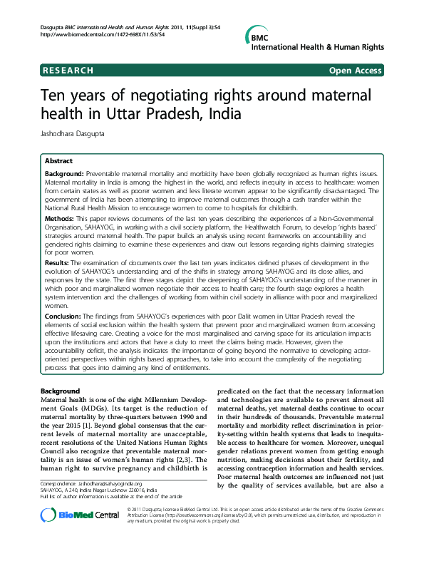 (PDF) Ten years of negotiating rights around maternal health in Uttar ...