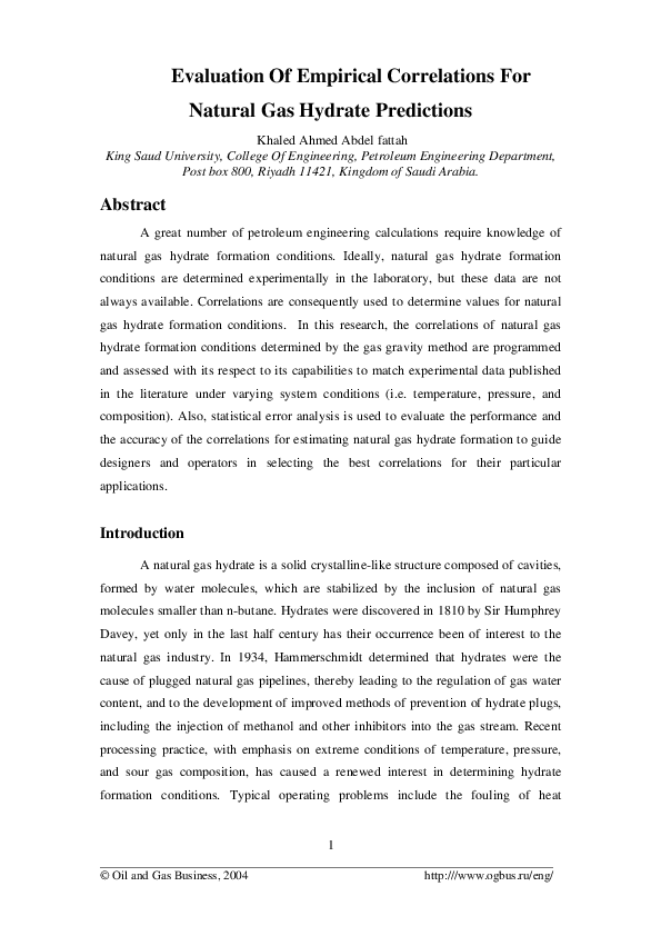 (PDF) Evaluation Of Empirical Correlations For Natural Gas Hydrate ...
