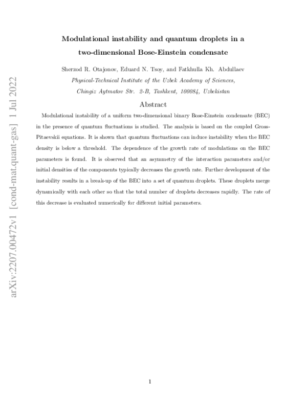 (PDF) Modulational instability and quantum droplets in a two ...