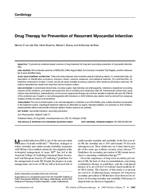 (PDF) Drug Therapy for Prevention of Recurrent Myocardial Infarction