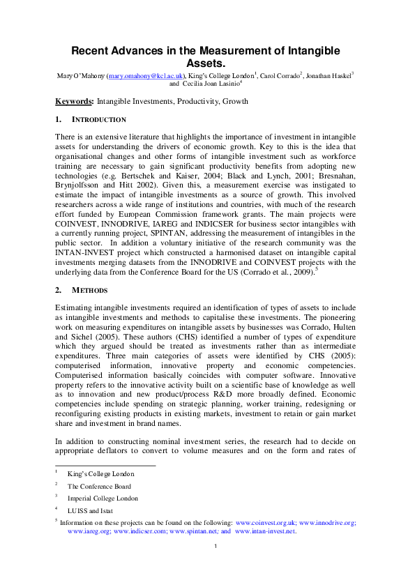 (PDF) Recent Advances in the Measurement of Intangible Assets
