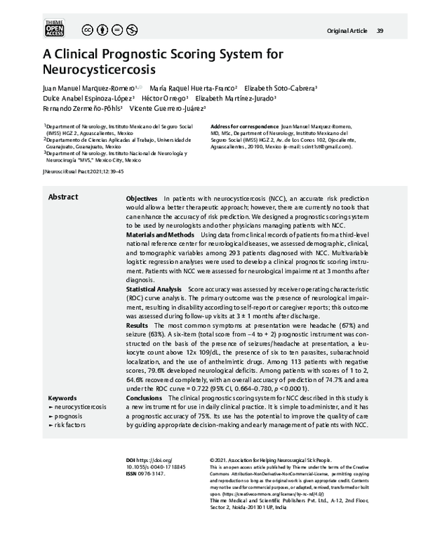 (PDF) A Clinical Prognostic Scoring System for Neurocysticercosis