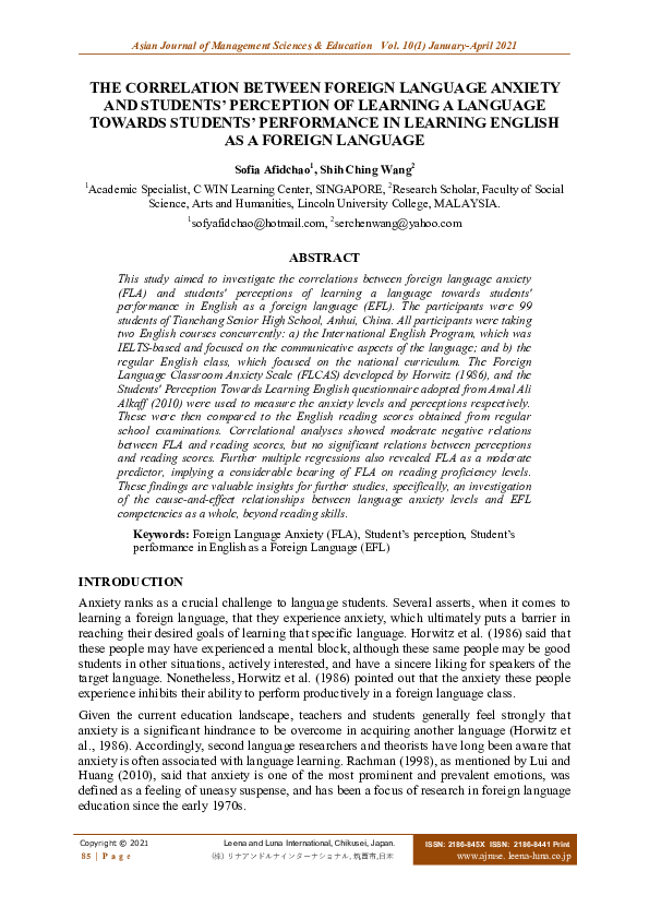 (PDF) THE CORRELATION BETWEEN FOREIGN LANGUAGE ANXIETY AND STUDENTS ...