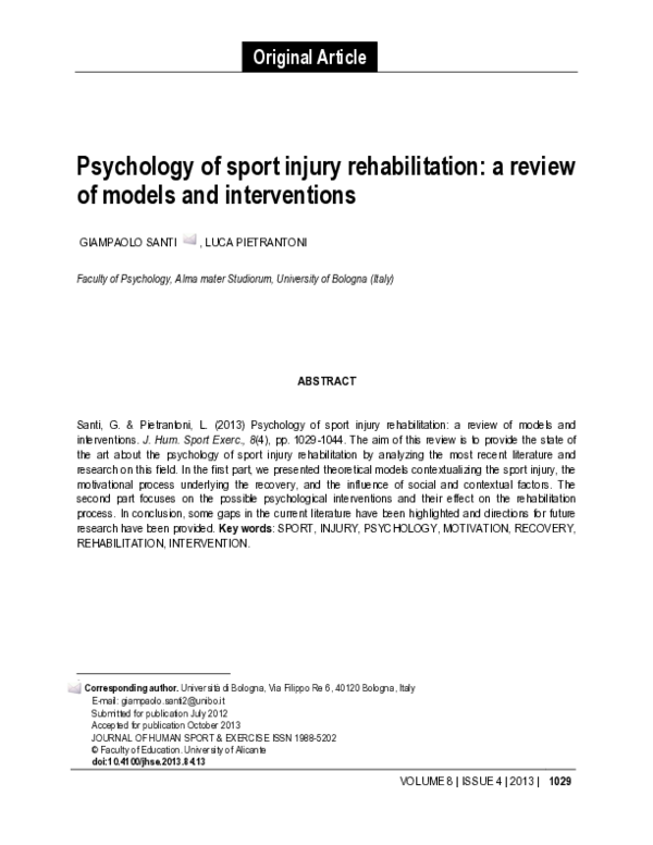 (PDF) Psychology of sport injury rehabilitation a review of models and