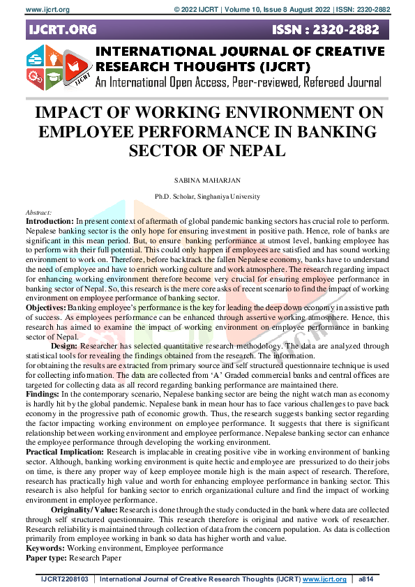 (PDF) IMPACT OF WORKING ENVIRONMENT ON EMPLOYEE PERFORMANCE IN BANKING ...