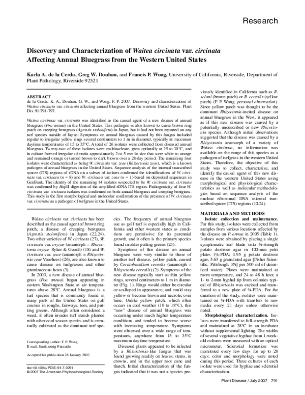 (PDF) Discovery and Characterization of Waitea circinata var. circinata ...
