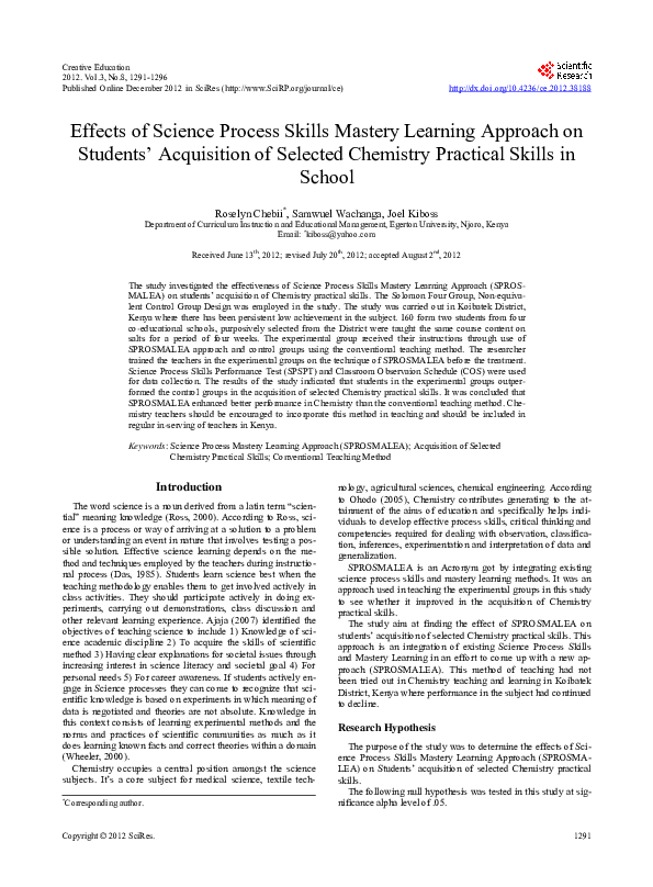 (PDF) Effects of Science Process Skills Mastery Learning Approach on ...