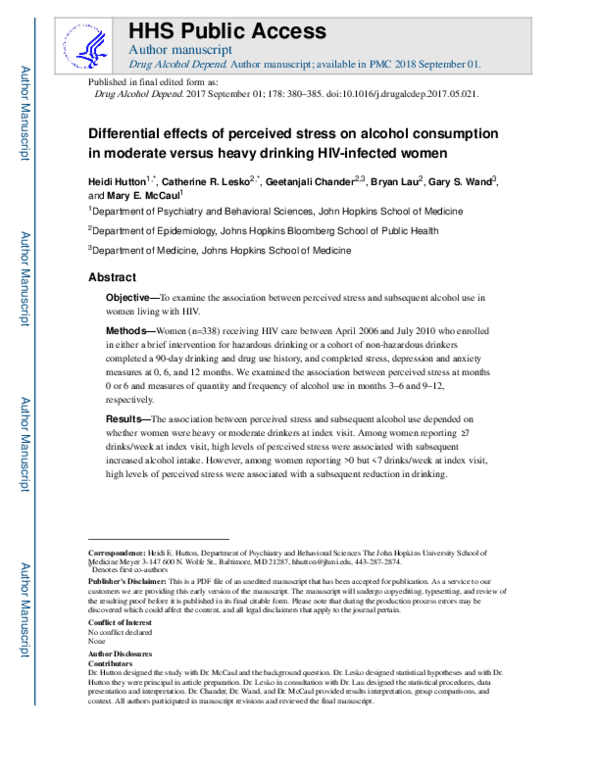 (PDF) Differential effects of perceived stress on alcohol consumption ...