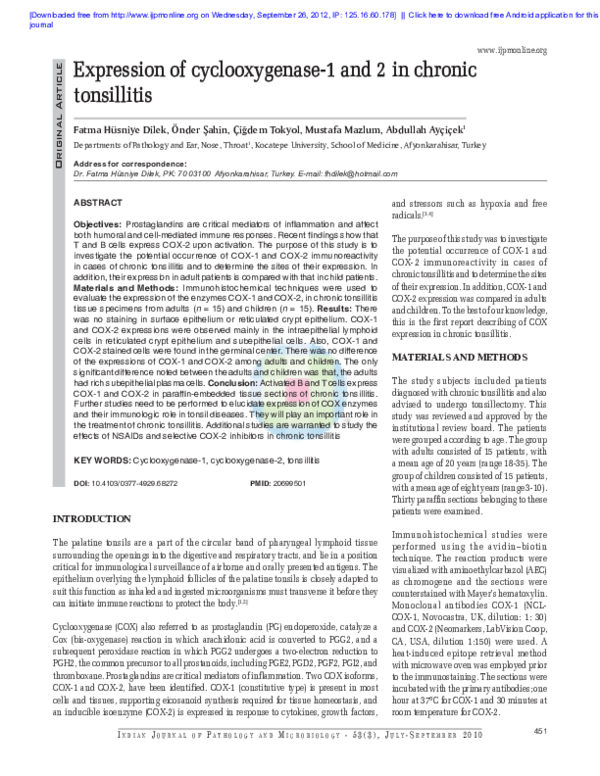 (PDF) Expression of cyclooxygenase-1 and 2 in chronic tonsillitis