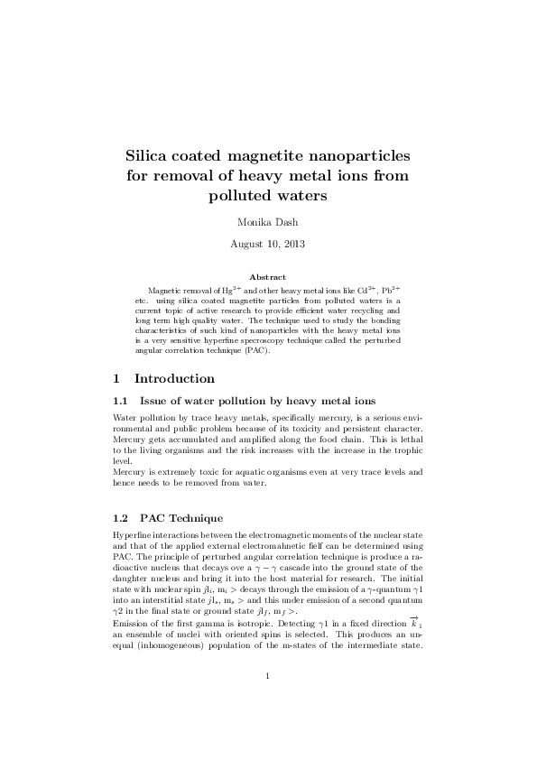 (PDF) Silica coated magnetite nanoparticles for removal of heavy metal ...