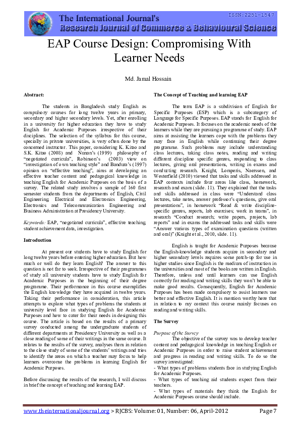 (PDF) EAP Course Design: Compromising With Learner Needs