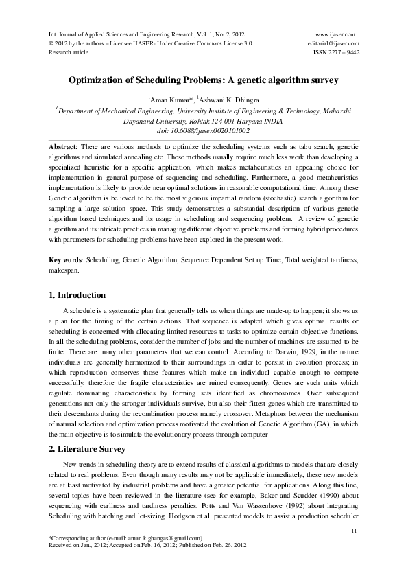 (PDF) Optimization of Scheduling Problems: A genetic algorithm survey