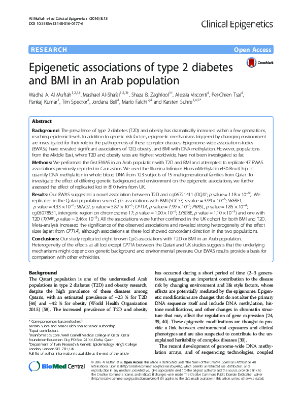(PDF) Epigenetic associations of type 2 diabetes and BMI in an Arab ...