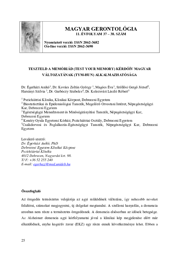 (PDF) Teszteld a memóriád (Test your memory) Kérdőív magyar ...