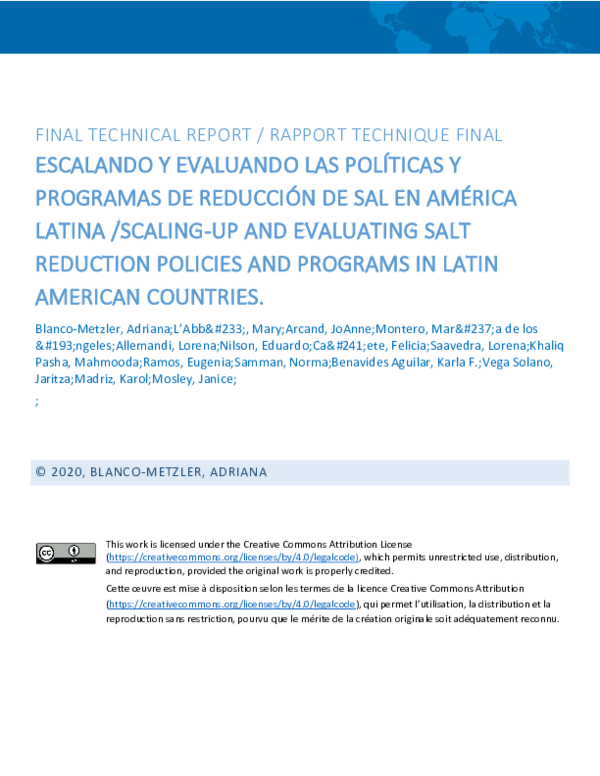 Escalando y evaluando las políticas y programas de reducción desal en América Latina /Scaling-up and evaluating salt reductionpolicies and programs in Latin American countries