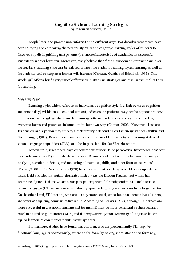 Doc Cognitive Styles And Learning Strategies