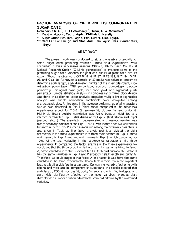 (PDF) Factor Analysis of Yield and Its Component in Sugar Cane