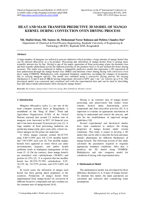 (PDF) Heat and Mass Transfer Predictive 3D Model of Mango Kernel During