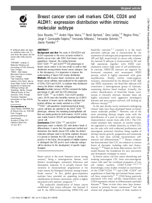 (PDF) Breast cancer stem cell markers CD44, CD24 and ALDH1: expression ...