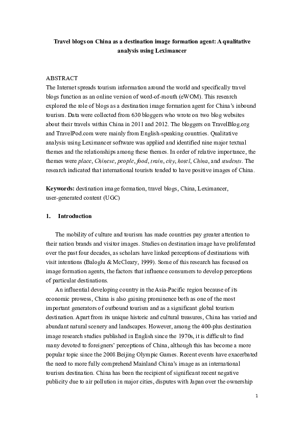 (PDF) Travel blogs on China as a destination image formation agent: A ...