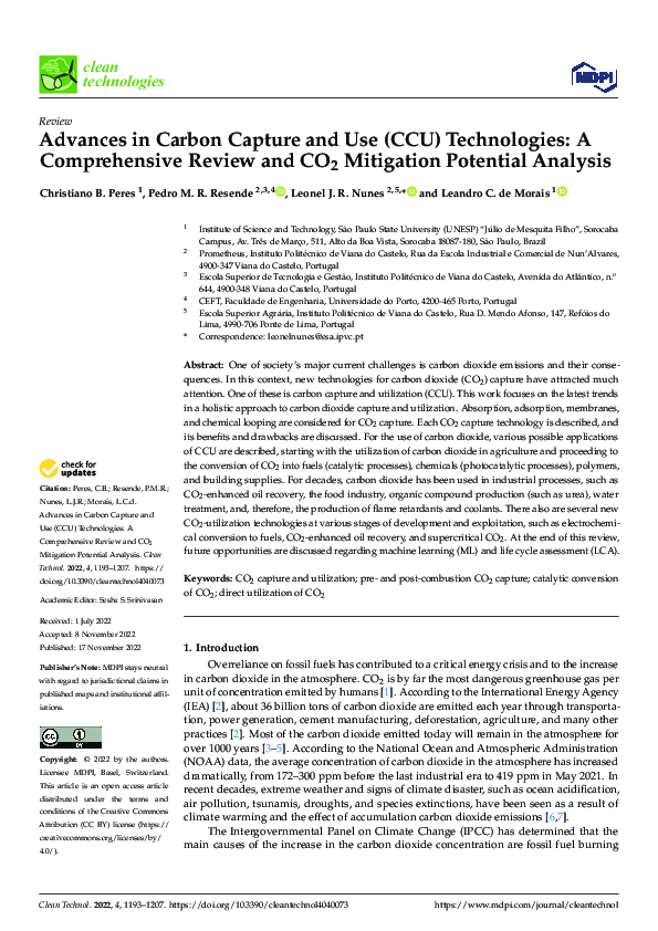 (PDF) Advances in Carbon Capture and Use (CCU) Technologies: A ...
