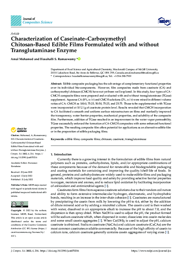(PDF) Characterization of Caseinate–Carboxymethyl Chitosan-Based Edible ...