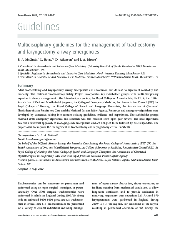(PDF) Multidisciplinary guidelines for the management of tracheostomy and laryngectomy airway