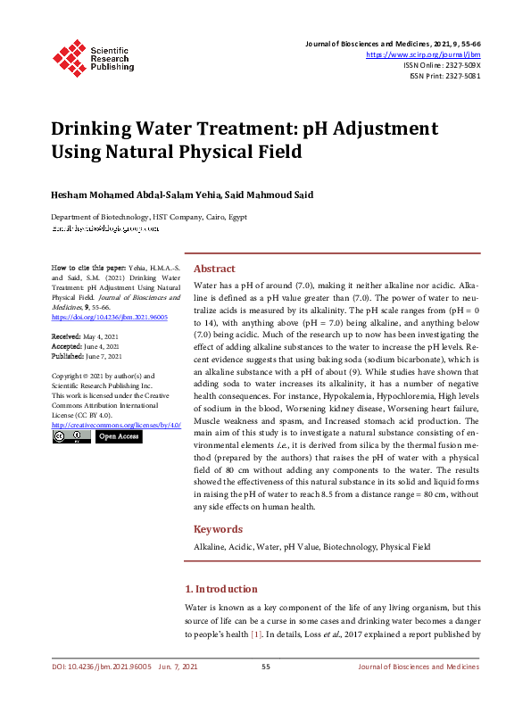 (PDF) Drinking Water Treatment: pH Adjustment Using Natural Physical Field