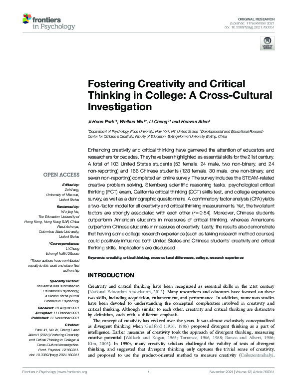 (PDF) Fostering Creativity and Critical Thinking in College: A Cross ...