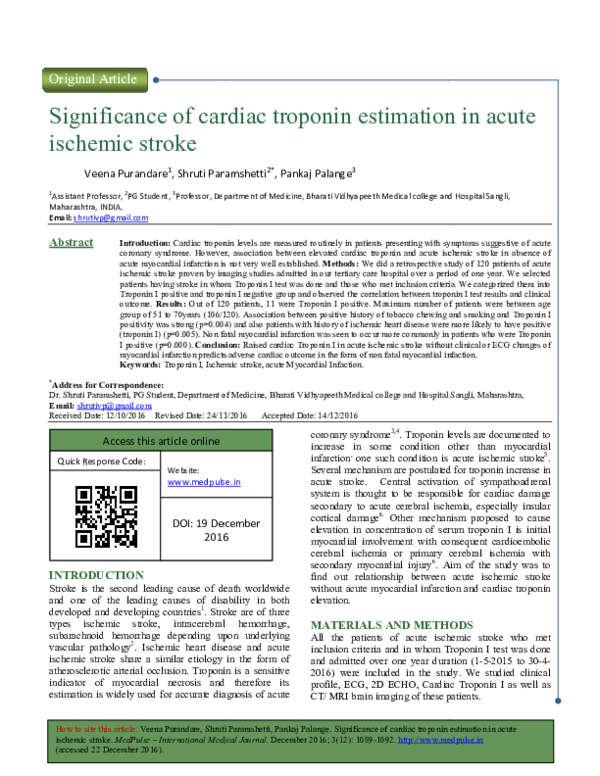 (PDF) Significance of cardiac troponin estimation in acute ischemic stroke