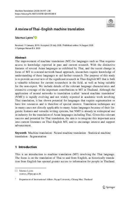 (PDF) A review of Thai-English machine translation
